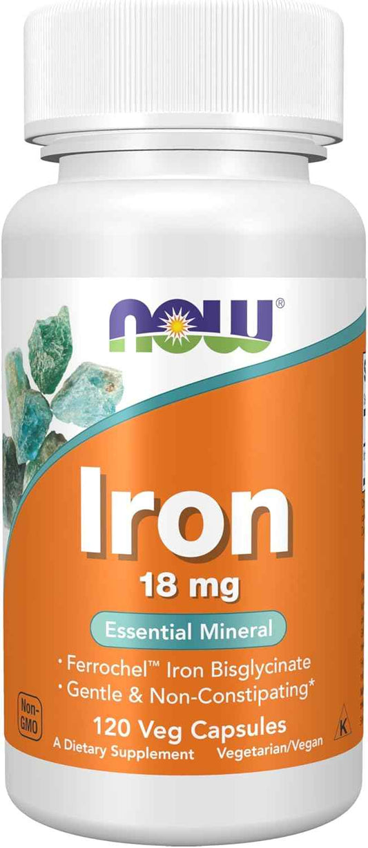 NOW Foods Iron 18 mg Ferrochel – Allergy-Friendly Vegan Iron for Sensitive Diets, 120 Vegetable Capsules