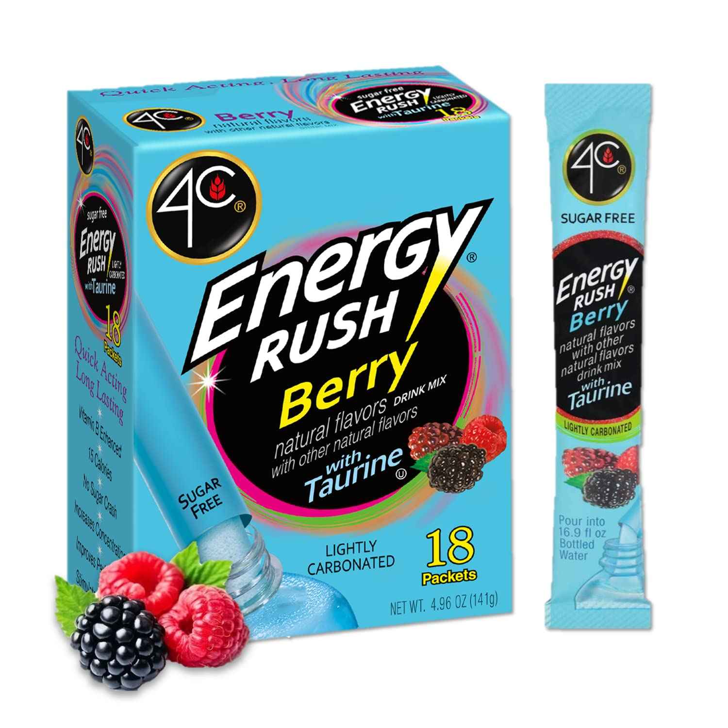 4C Energy Rush Stix Berry – Home Office Focus Companion with Taurine, Grab and Go Powder Packets for Workdays