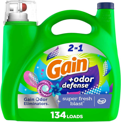 Gain Odor Defense Liquid Laundry Detergent Super Fresh Blast Scent 194 fl oz 134 Loads, Wellness Laundry Soap for Bath Time and Wind Down Routines