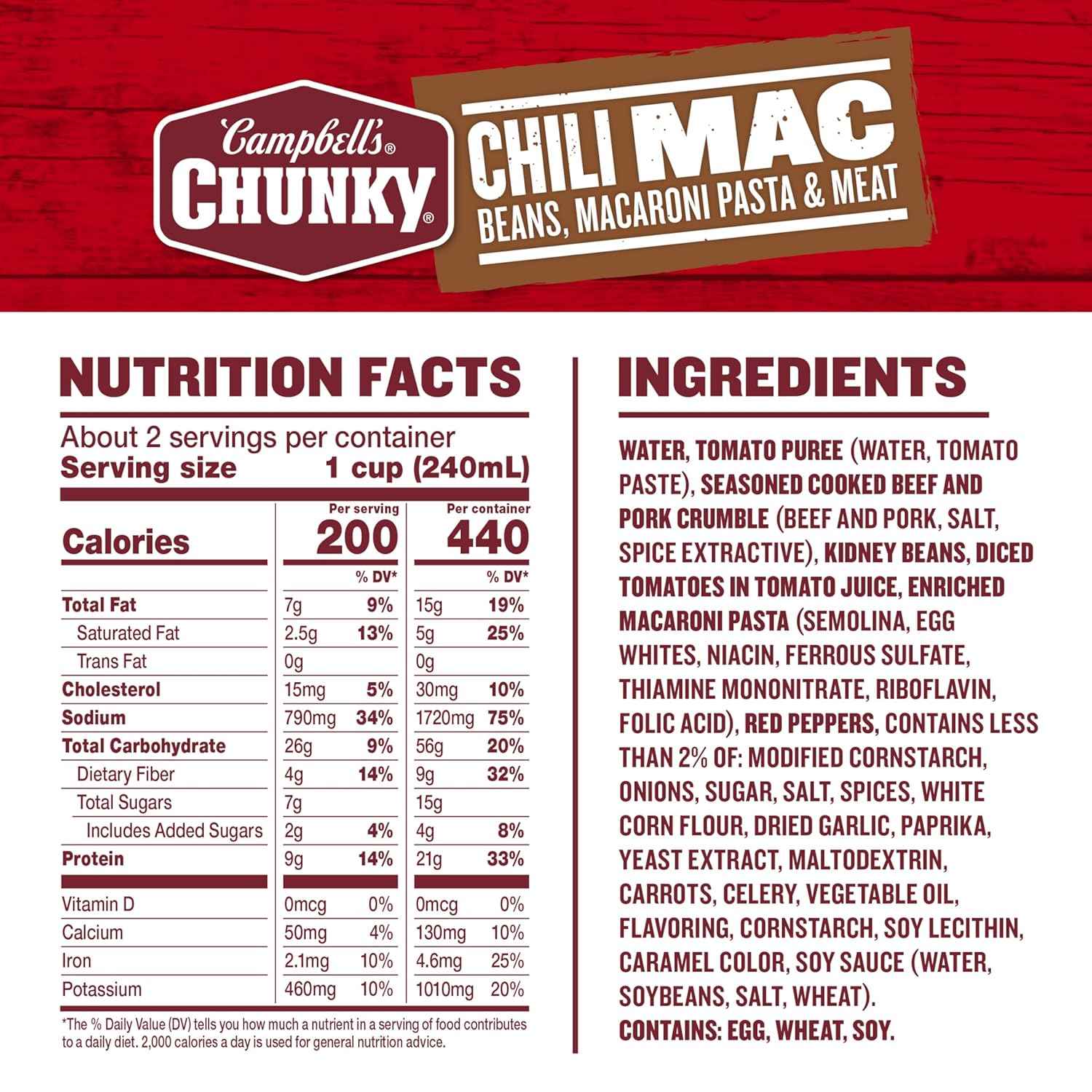 Campbell's Chunky Chili Mac, 18.8 oz Can – High-Protein Heat-and-Eat Meal for Late-Night Shift Workers