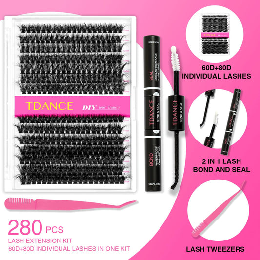 Fluffy_Eyelash_Extensions_Kit_With_280pcs_Thick_Cluster_Lashes,60D_80D_Individual_Lashes,_Lash_Bond,_Seal_Glue,_Applicator_for_Beginners(Kit-Fluffy-60D+80D-280PCS)_Makeup_Cosmetic_Eyelashes_Extensions
