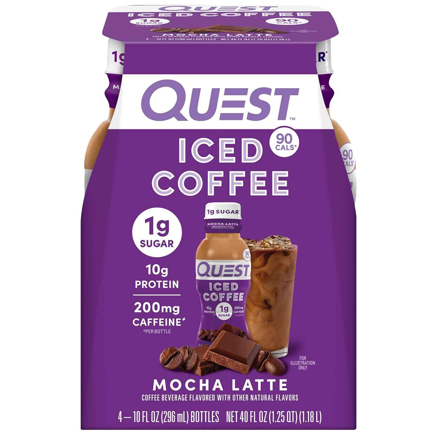 Quest Nutrition Iced Coffee Portable 10oz Protein Shake for Travel, Commute, and Car Cup Holder, 200mg Caffeine 4-Pack