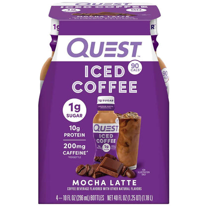 Quest Nutrition Iced Coffee Portable 10oz Protein Shake for Travel, Commute, and Car Cup Holder, 200mg Caffeine 4-Pack