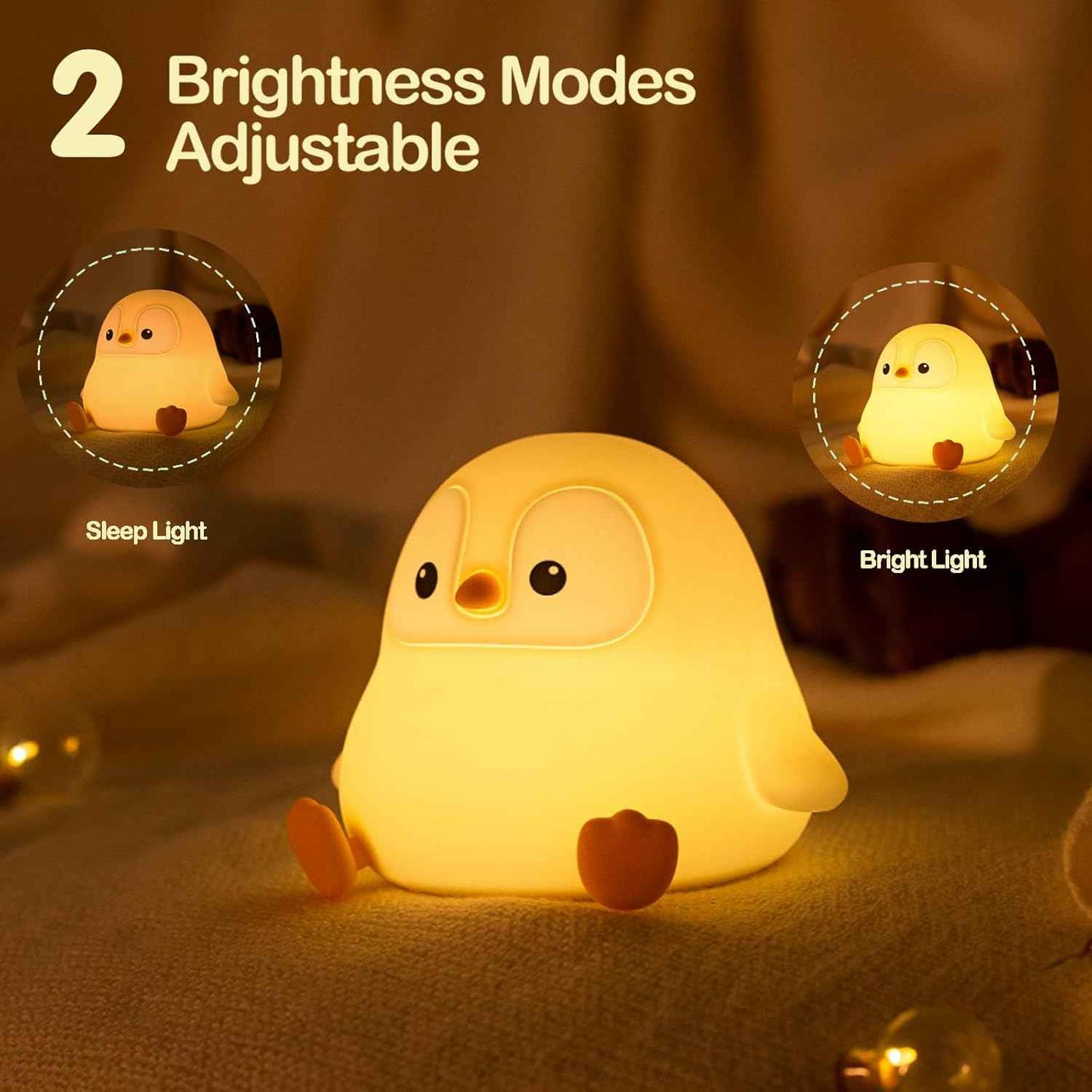 ATSUI Squishy Penguin Night Light – Child-Safe Rechargeable Lamp for Nursery and Playroom, 20-Minute Timer