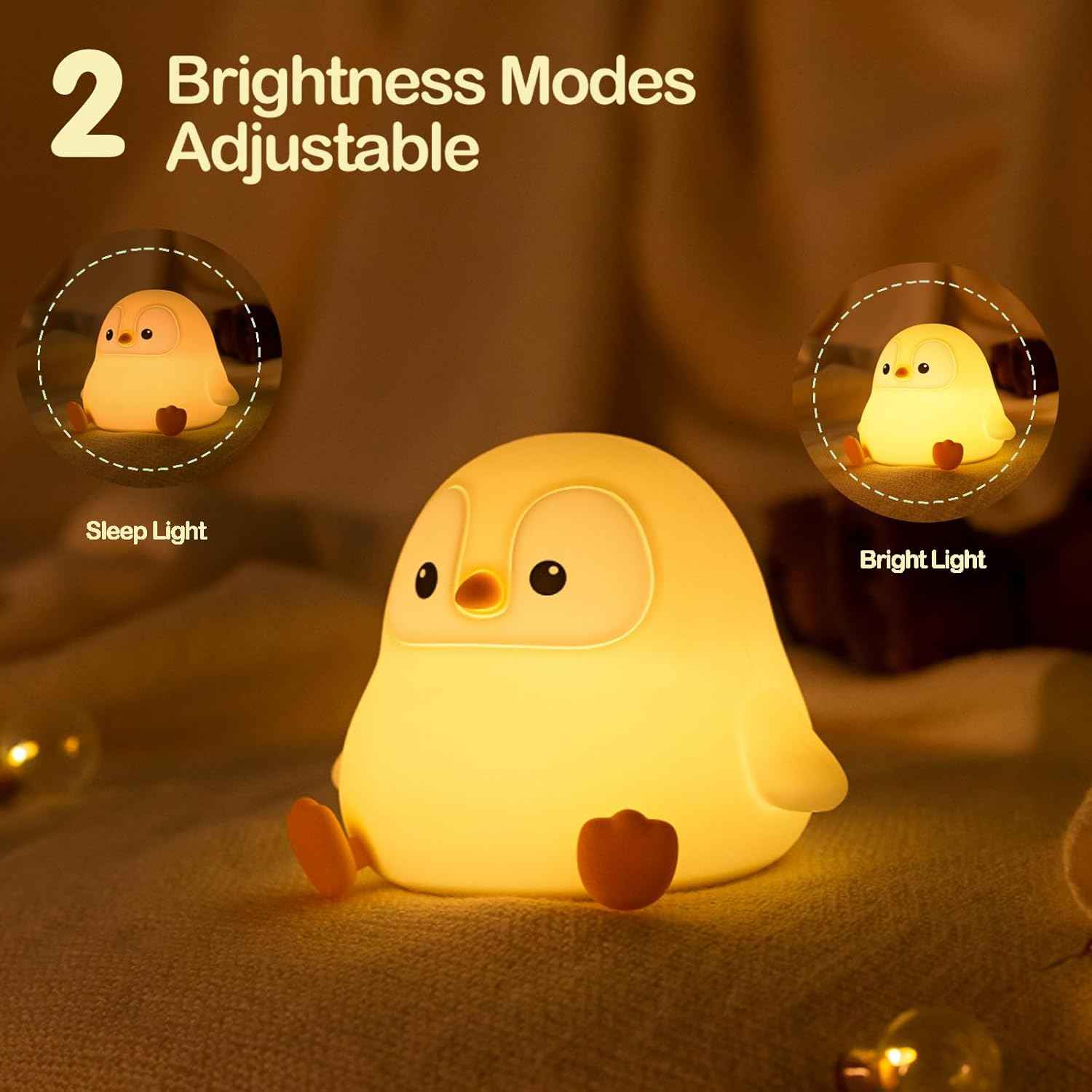 ATSUI Squishy Penguin Night Light – Child-Safe Rechargeable Lamp for Nursery and Playroom, 20-Minute Timer