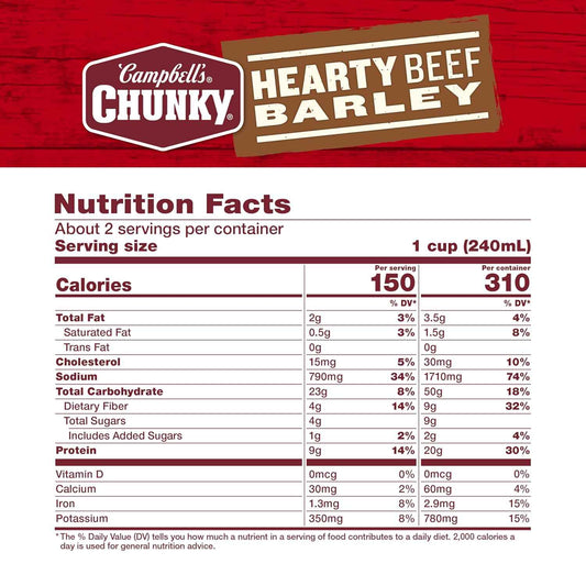 Campbell's Chunky Hearty Beef and Barley Soup, 18.8 Oz Can – Filling Nutritious Lunch for Gym Bag Meal Prep