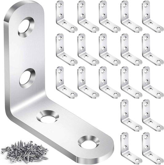SleekFix L Bracket Set 20 Pack - Rounded Edge Stainless Steel Braces for Child-Safe Furniture Repairs and Pet-Friendly Homes