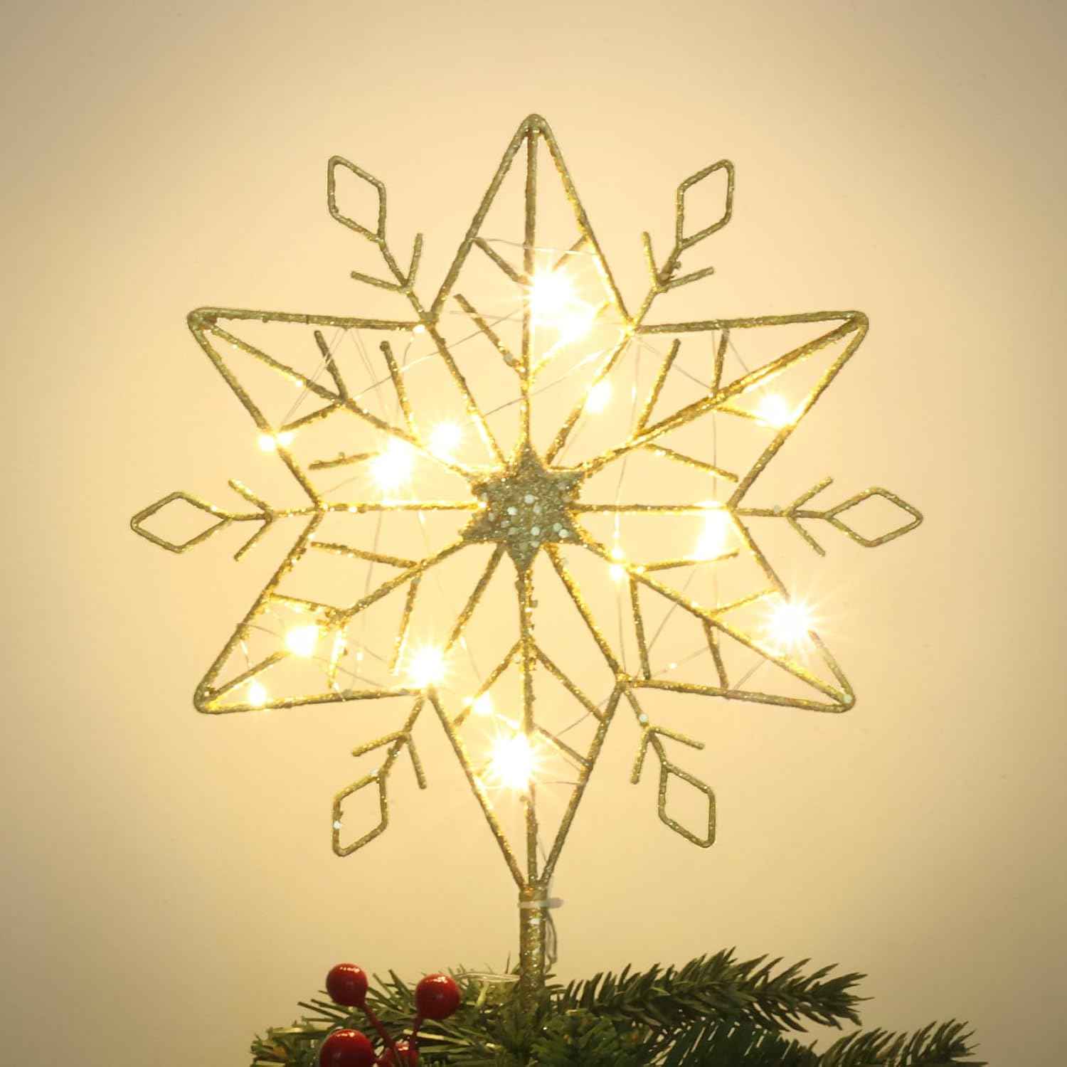 hogardeck 10-Inch Gold Glitter Snowflake Tree Topper – Vintage Inspired Living Room Christmas Centerpiece with 20 LED Lights
