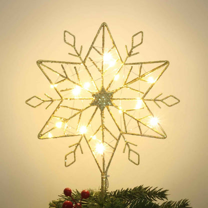 hogardeck 10-Inch Gold Glitter Snowflake Tree Topper – Vintage Inspired Living Room Christmas Centerpiece with 20 LED Lights
