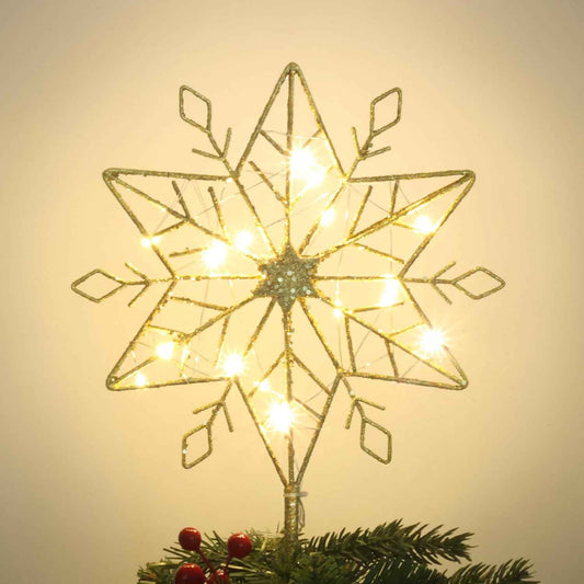 hogardeck 10-Inch Gold Glitter Snowflake Tree Topper – Vintage Inspired Living Room Christmas Centerpiece with 20 LED Lights