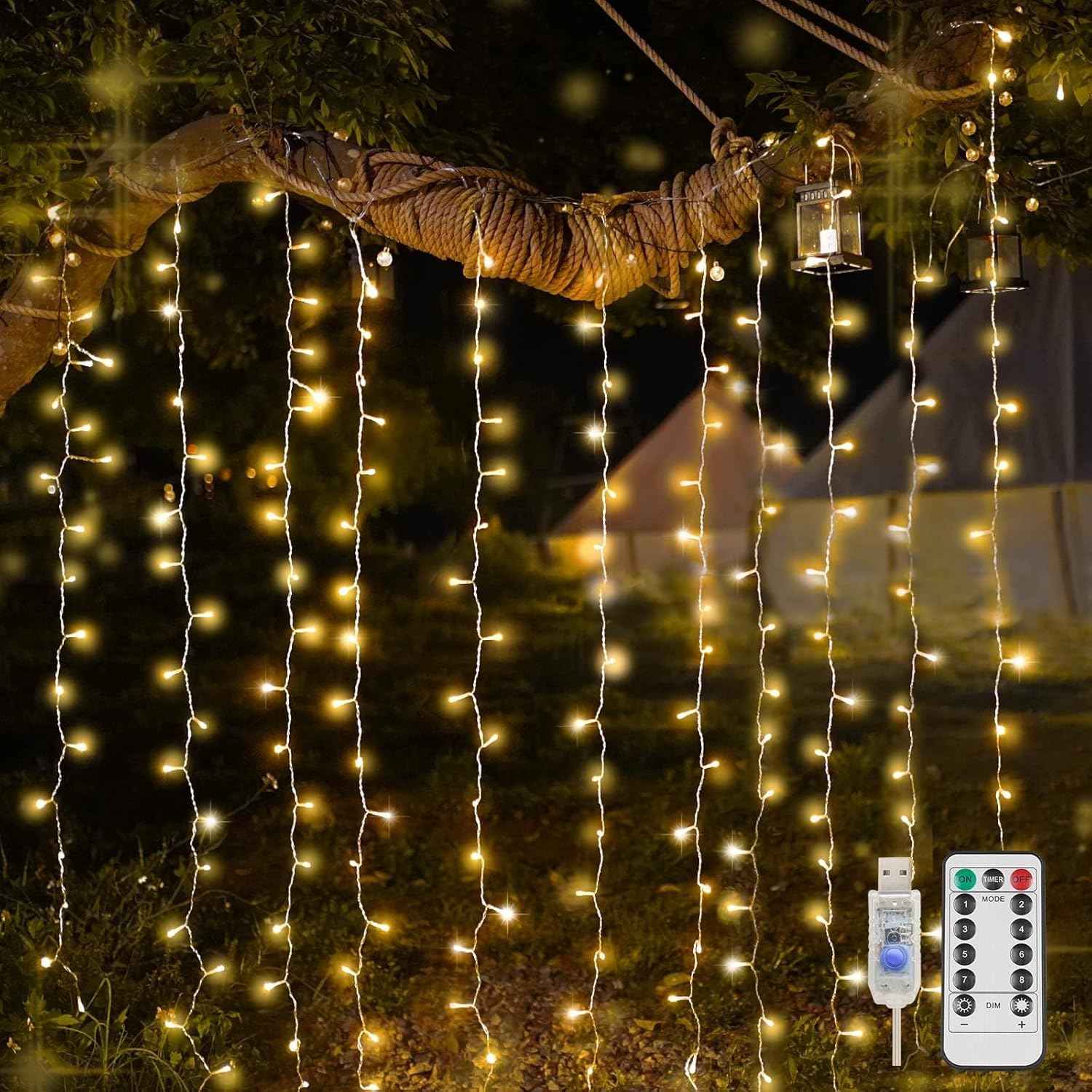 suddus Outdoor Curtain Lights for Patio and Garden – IP44 Waterproof 200 LED String with USB Power Bank Compatibility
