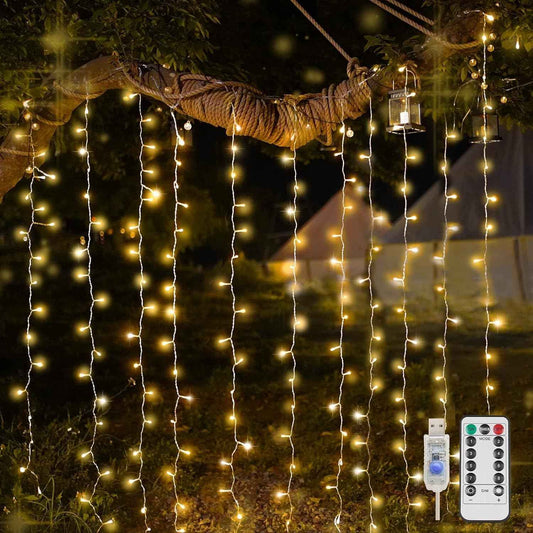 suddus Outdoor Curtain Lights for Patio and Garden – IP44 Waterproof 200 LED String with USB Power Bank Compatibility