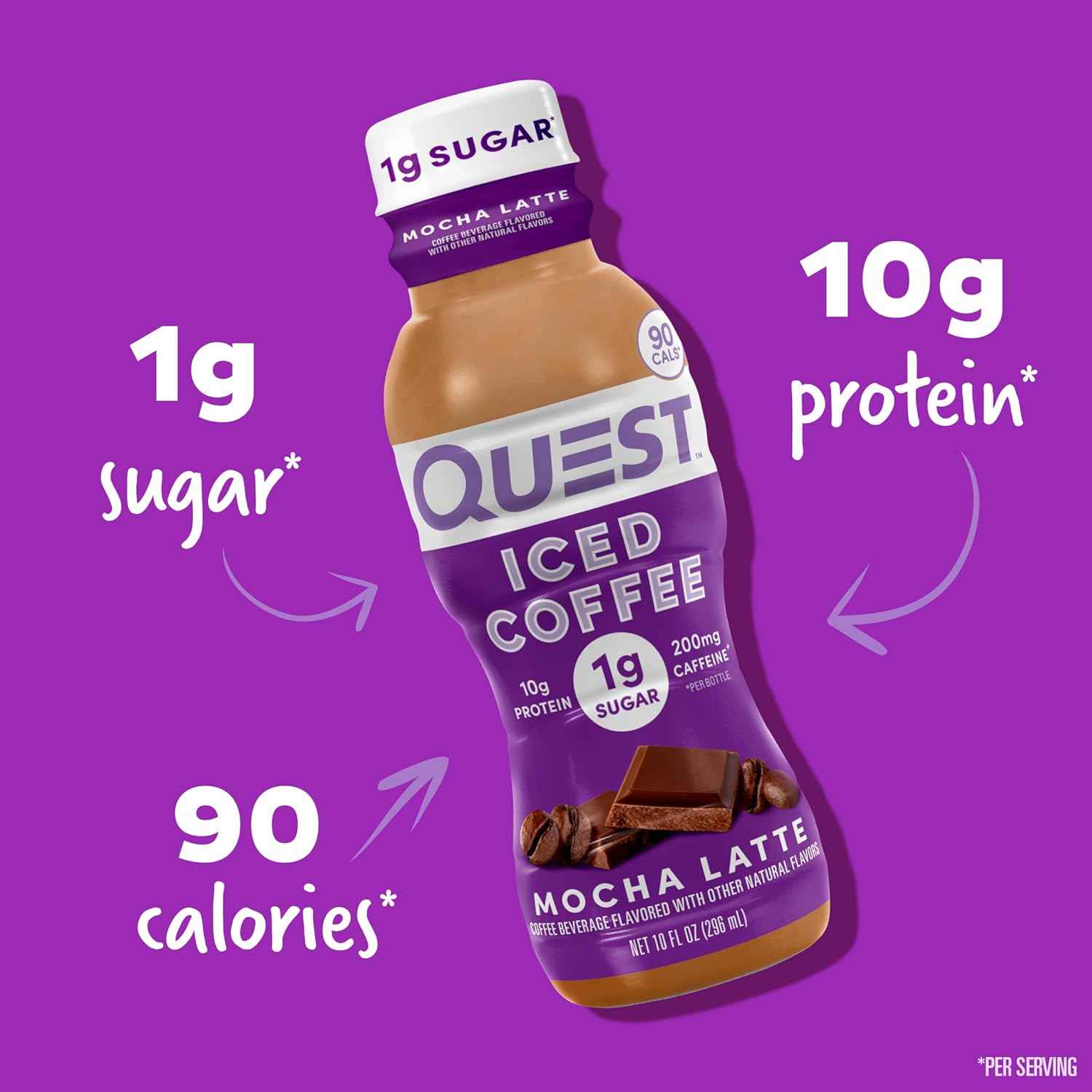 Quest Nutrition Iced Coffee Portable 10oz Protein Shake for Travel, Commute, and Car Cup Holder, 200mg Caffeine 4-Pack