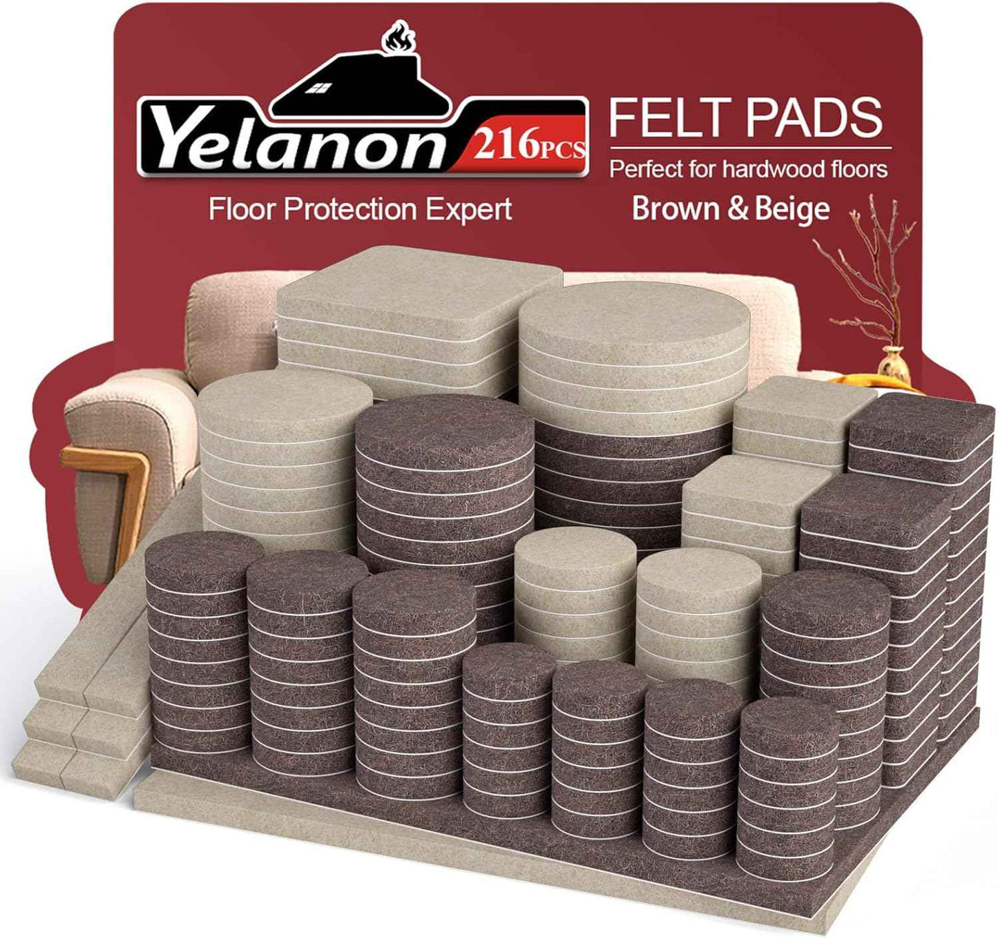 Yelanon Felt Furniture Pads for Hardwood Floors - 216 Pcs Practical Housewarming Gift for New Homeowners and First-Time Buyers