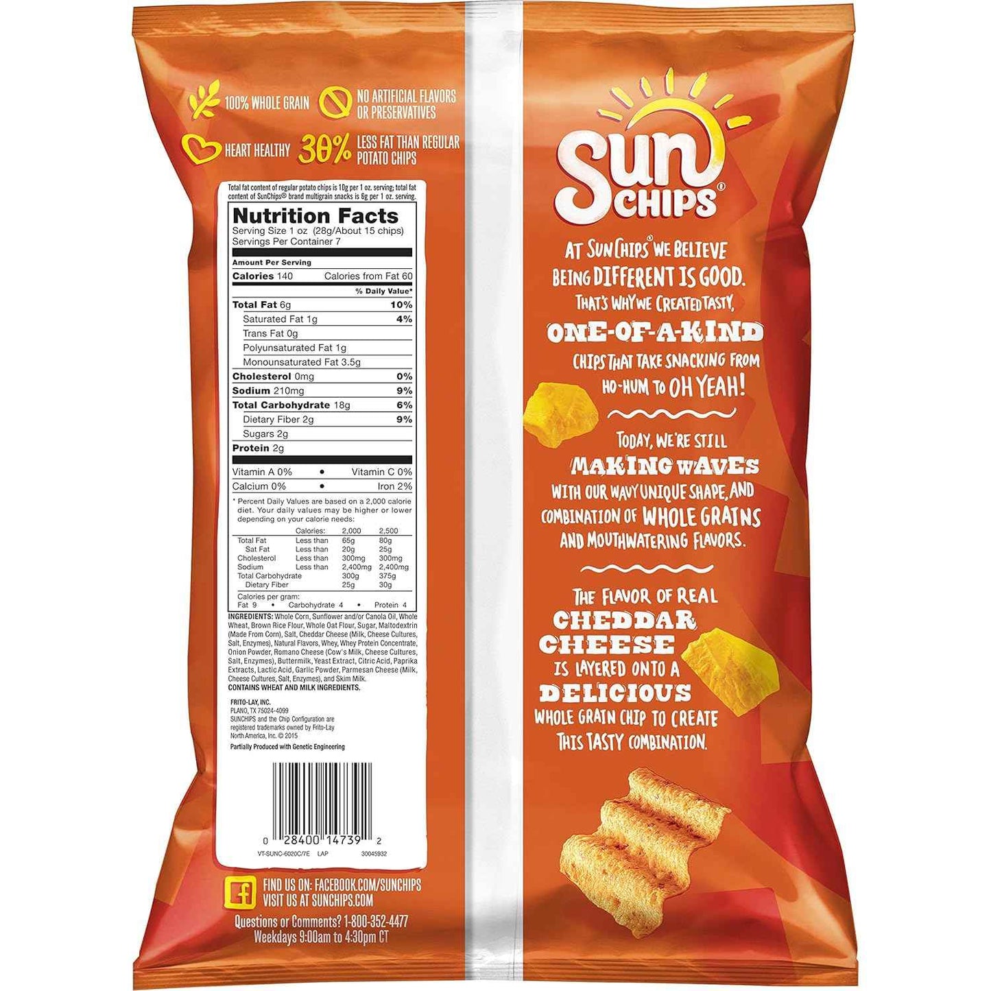 SunChips Harvest Cheddar Multigrain Chips, 7 oz Portable Snack Bag for Camping, Hiking and Picnic Outings
