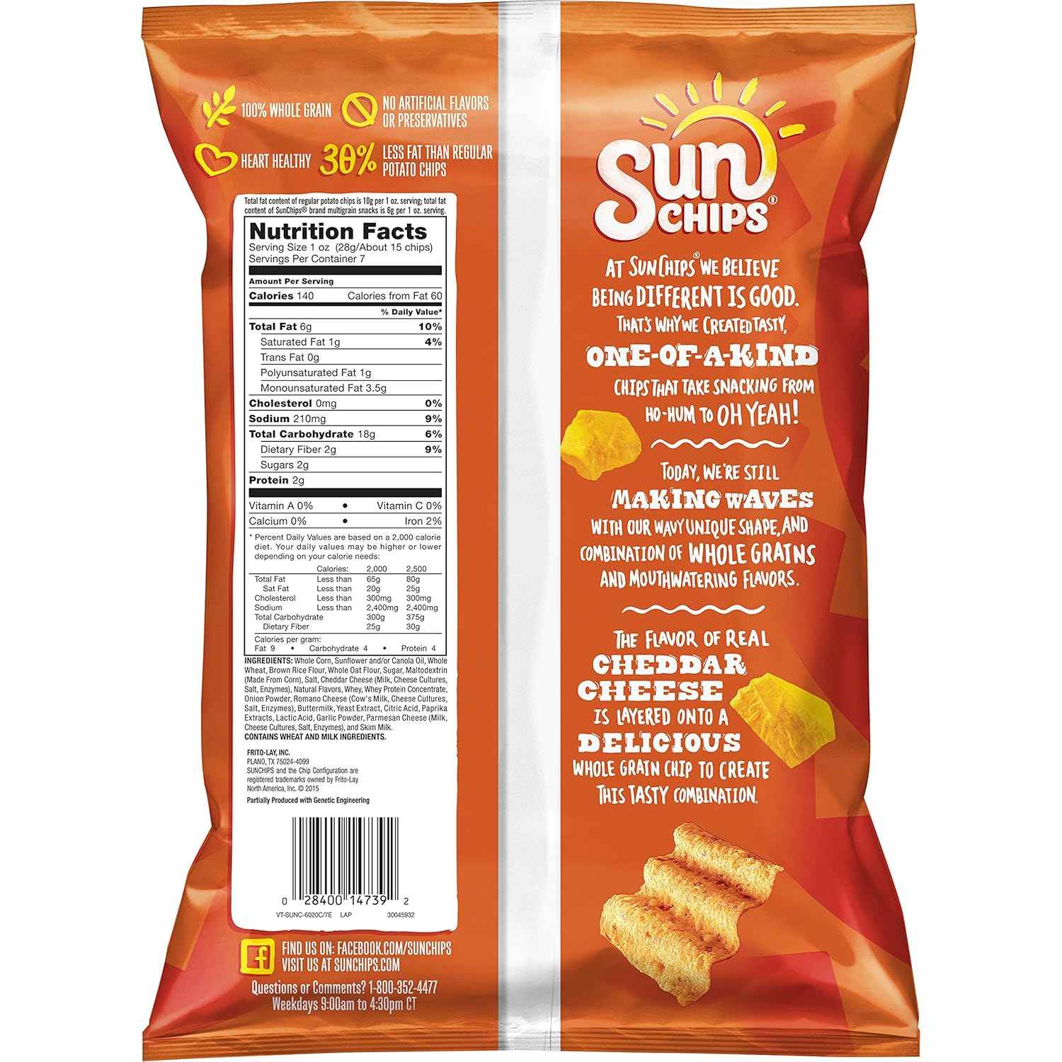 SunChips Harvest Cheddar Multigrain Chips, 7 oz Portable Snack Bag for Camping, Hiking and Picnic Outings