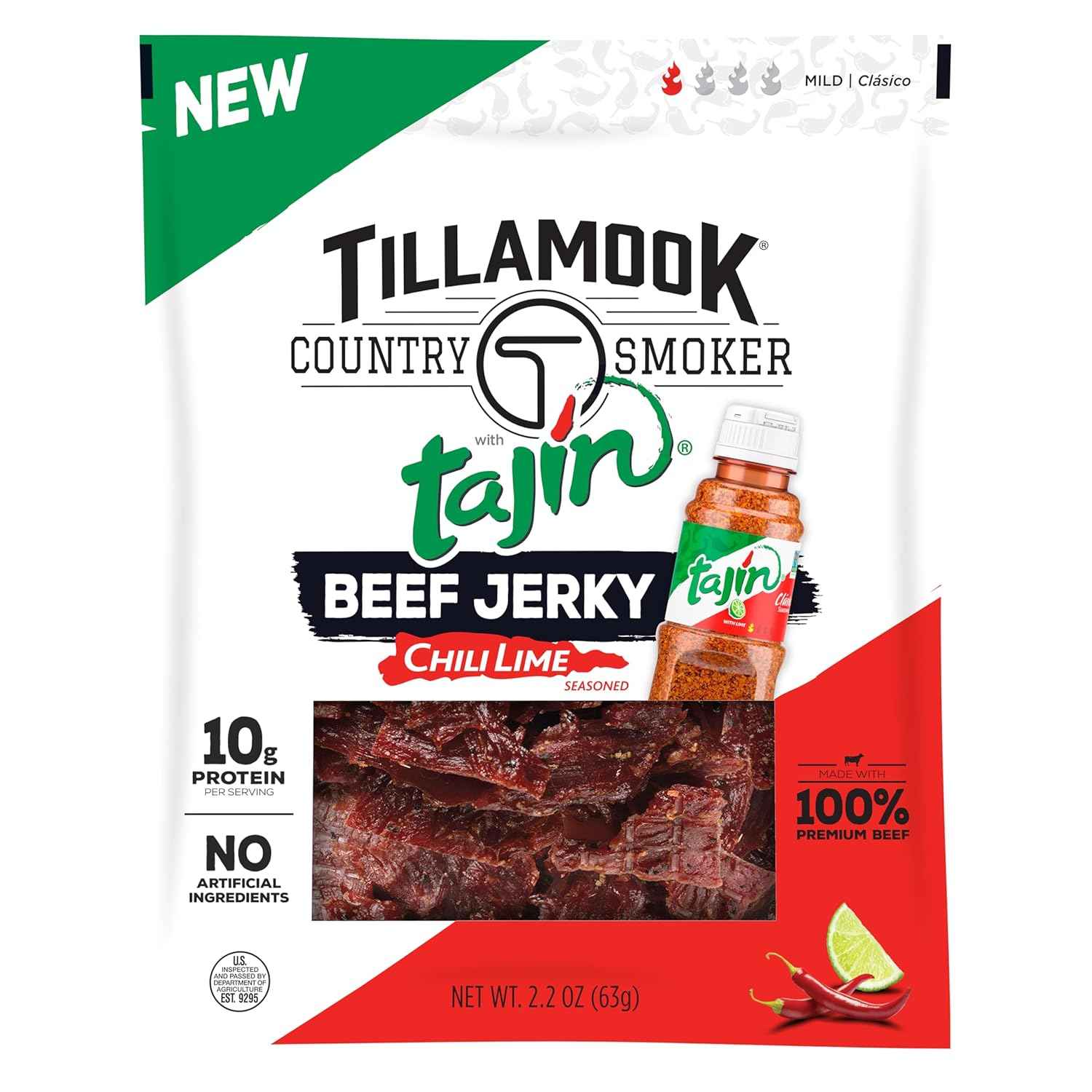 Tillamook Beef Jerky Tajin Chili Lime – Desk Friendly Low Carb Snack to Power Through Workdays, 2.2 oz Pouch