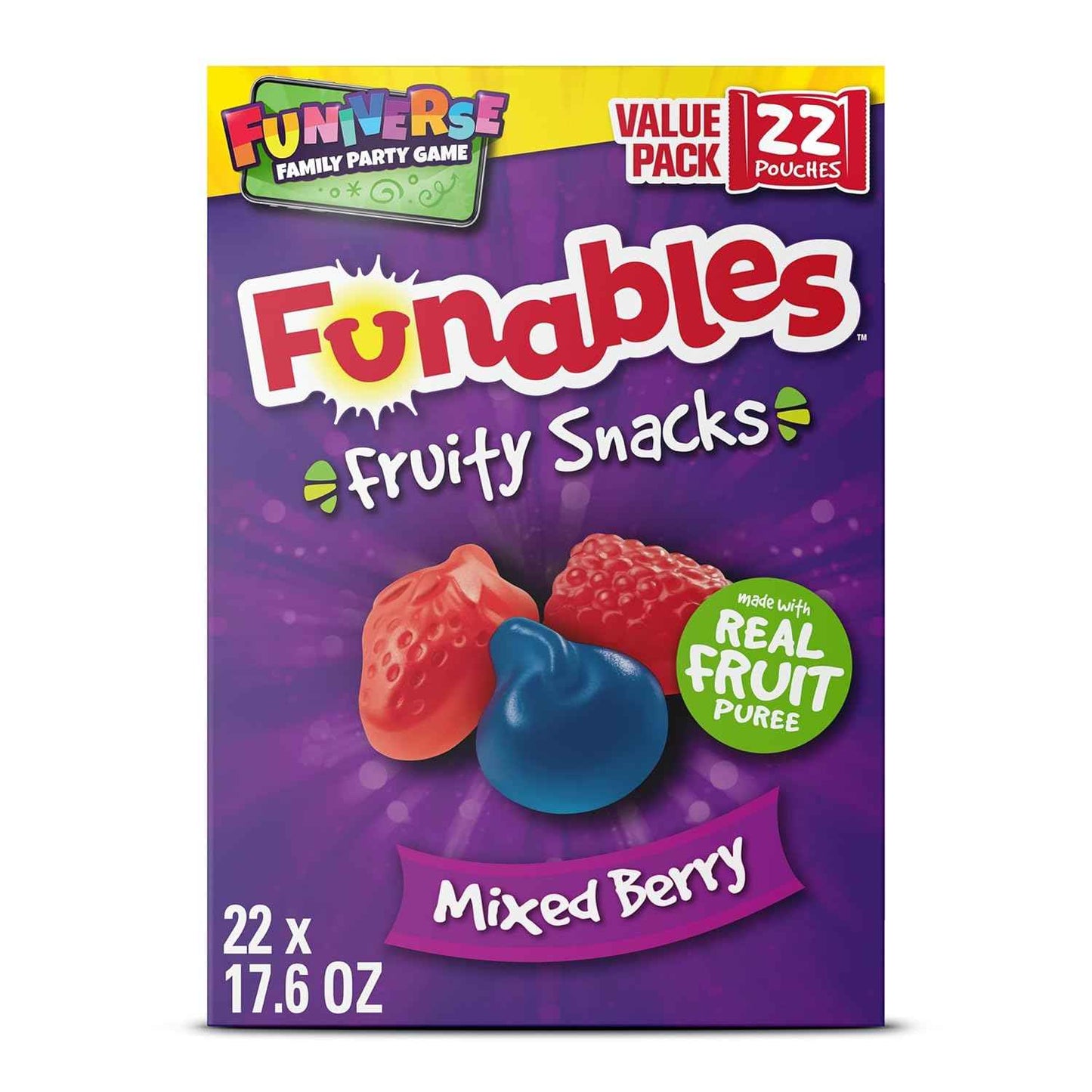 Funables Fruity Snacks Mixed Berry Pouches, Back-to-School Lunchbox Snack for Kids and Tweens, Bulk 22-Count Box