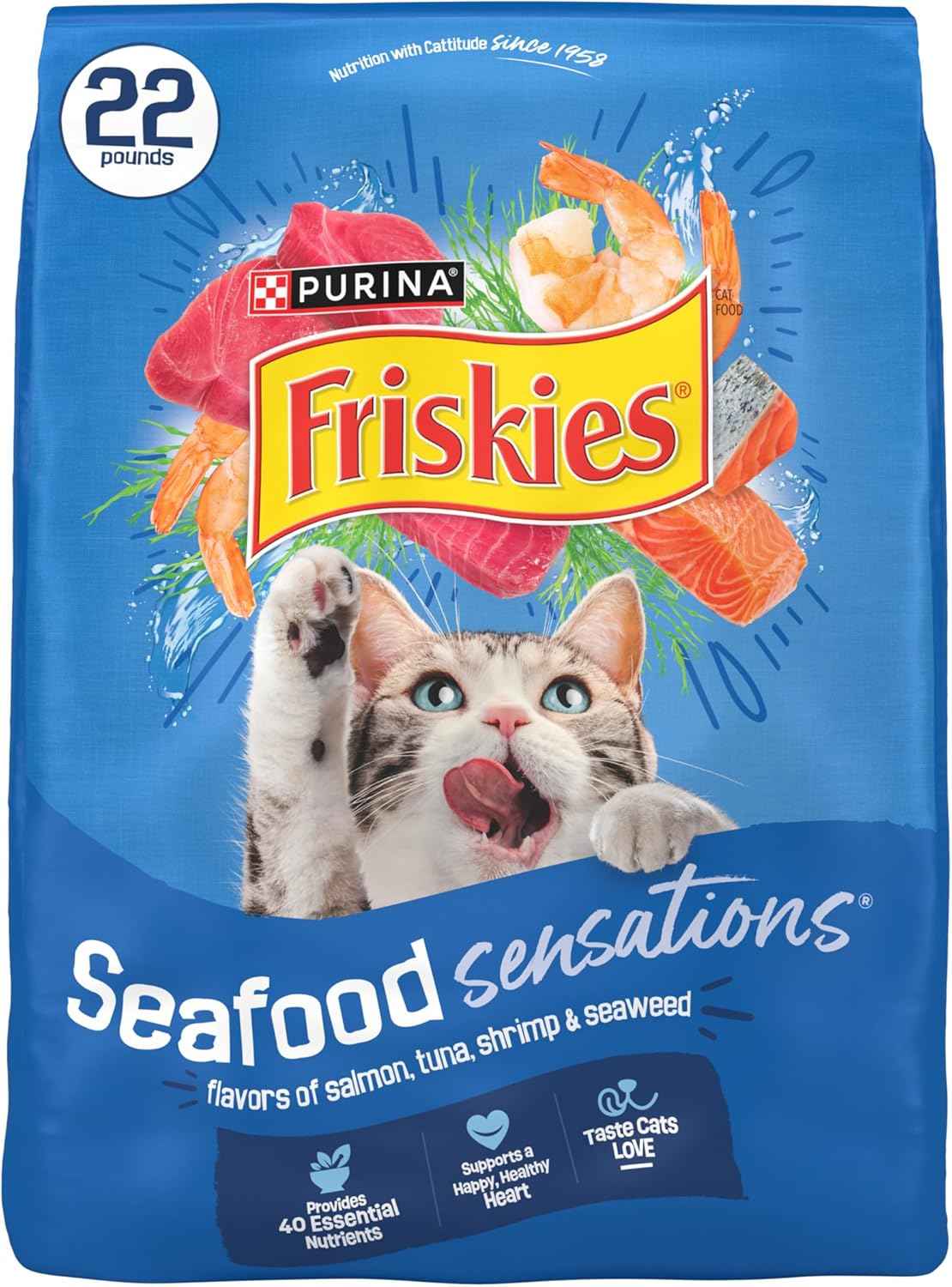 Purina Friskies Seafood Sensations Dry Kibble 22 lb. Salmon Tuna Shrimp - Complete Daily Nutrition with Satisfaction Guarantee