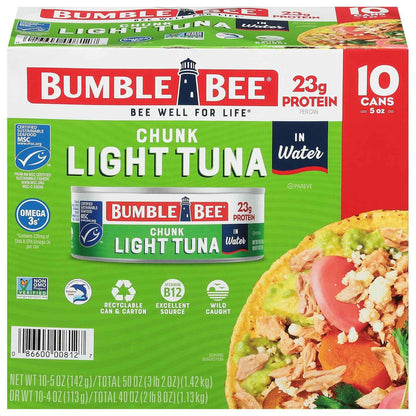Bumble Bee Chunk Light Tuna in Water – Kid Friendly School Lunch Protein for Sandwiches and Snack Packs, 5 oz Cans