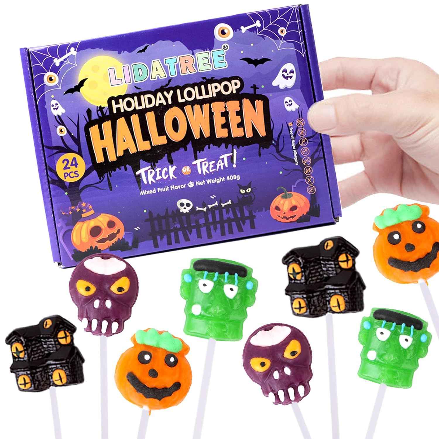 Halloween Lollipops Gift Box - Individually Wrapped 24 Pack of Spooky Suckers for Neighbor Goody Bags and Seasonal Gift Baskets