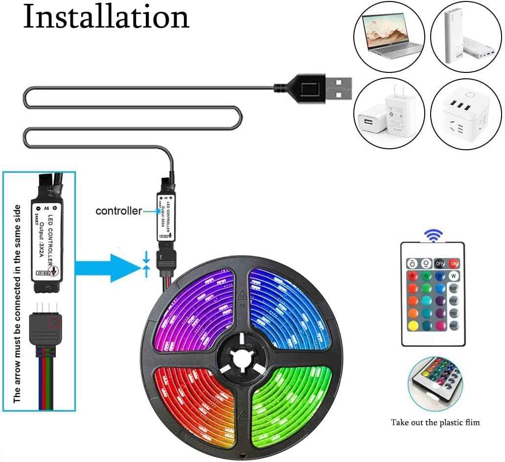 DAYBETTER RGB LED Strip Lights 16.4ft USB 5V Low Voltage Touchable Light for TV Backlight and Home Theater Setup