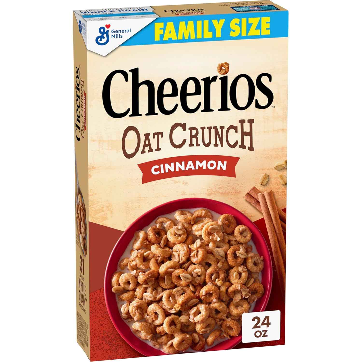 Cheerios Oat Crunch Cinnamon Breakfast Cereal – After-School Snack Straight from the Box for Hungry Kids, Family Size 24 oz