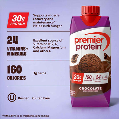 Premier Protein Shake, Chocolate, 30g Protein, 11 fl oz, 12 Pack | Post-Workout Recovery Ritual for Your Self-Care Routine