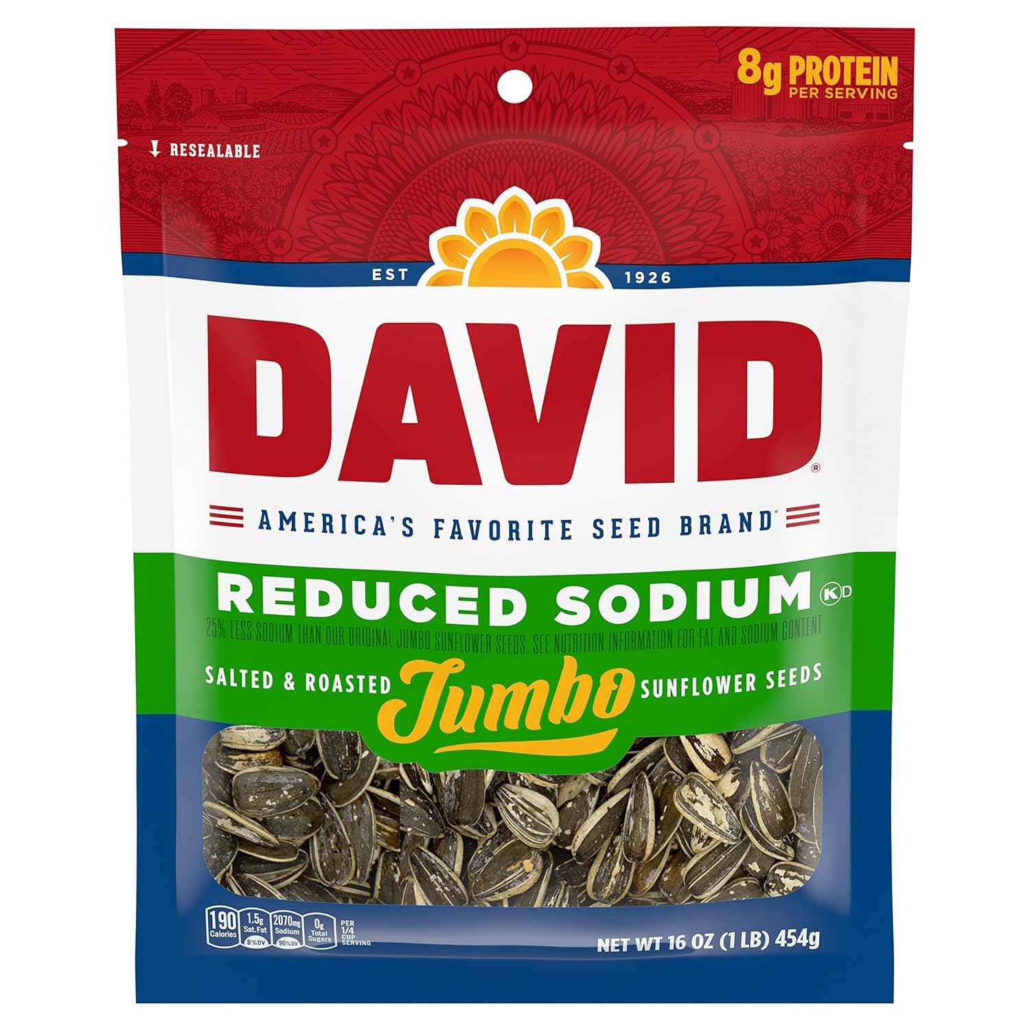 DAVID Roasted and Salted Low Sodium Seeds – Office Desk Snack for Blood Pressure Management, 16oz