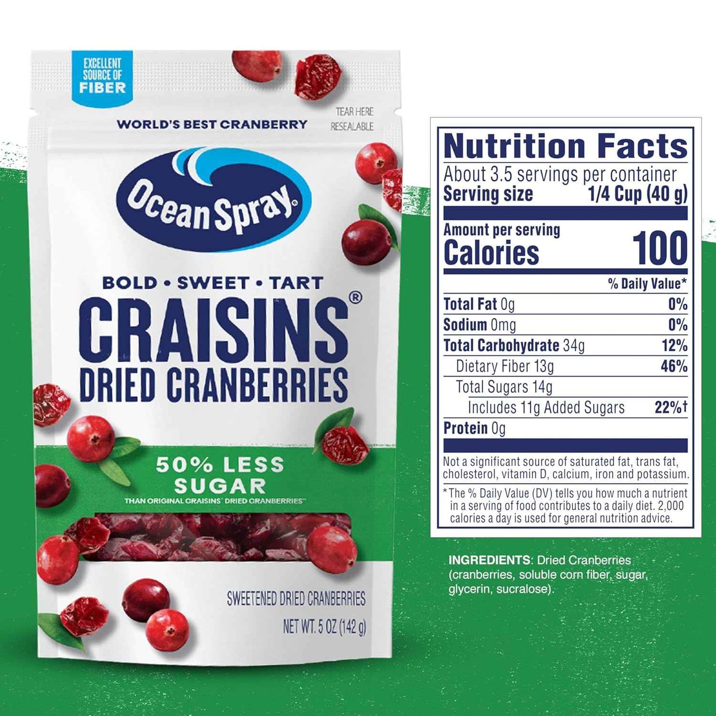 Ocean Spray Craisins 50% Less Sugar Dried Cranberries – Trail Mix Ingredient for Hiking and Camping, 5 oz Pouches, 12 Count