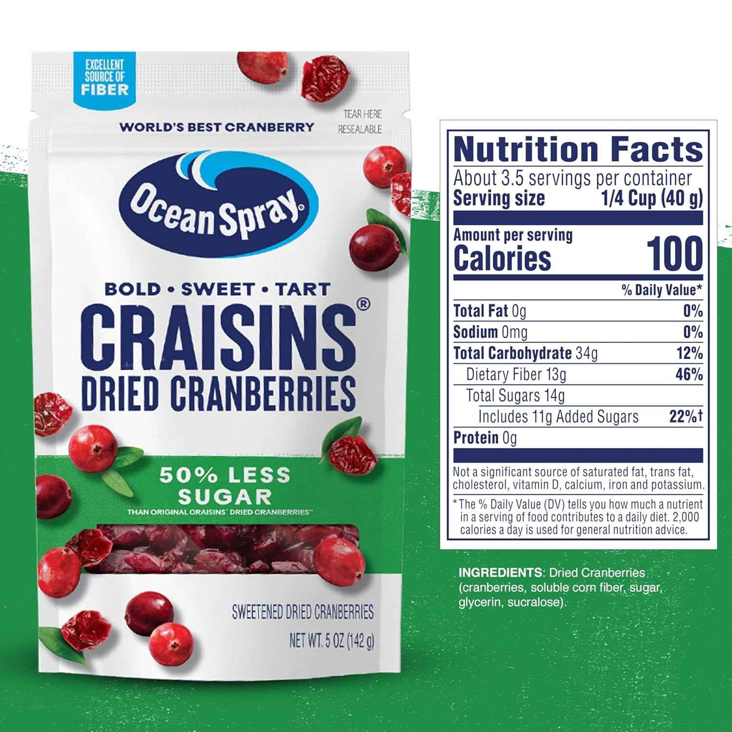 Ocean Spray Craisins 50% Less Sugar Dried Cranberries – Trail Mix Ingredient for Hiking and Camping, 5 oz Pouches, 12 Count
