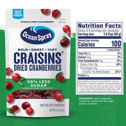 Ocean Spray Craisins 50% Less Sugar Dried Cranberries – Trail Mix Ingredient for Hiking and Camping, 5 oz Pouches, 12 Count