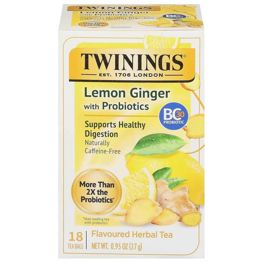 Twinings Superblends Probiotics+ Lemon & Ginger Herbal Tea – Caffeine-Free Afternoon Focus Brew for the Home Office, 18 Teabags