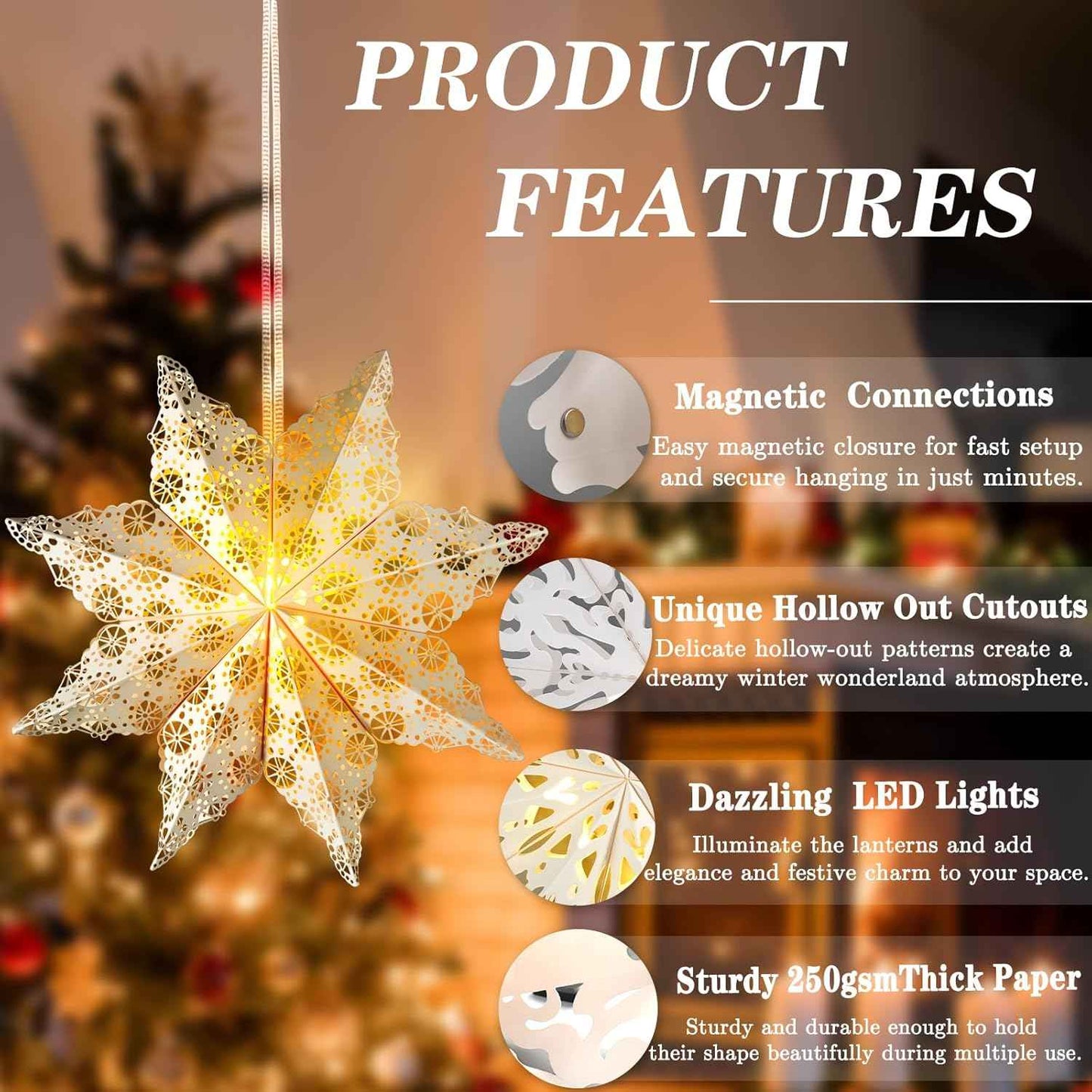 14 & 18 Inch Paper Star Lanterns with LED – Beige and White Snowflake Hangings for Christmas Tree, Fireplace and Holiday Dining Table