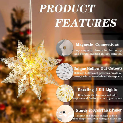 14 & 18 Inch Paper Star Lanterns with LED – Beige and White Snowflake Hangings for Christmas Tree, Fireplace and Holiday Dining Table