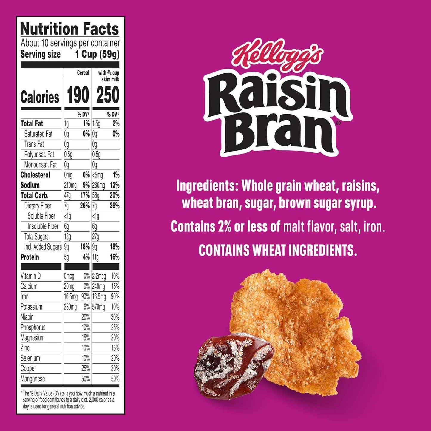 Kellogg's Raisin Bran Family Breakfast Cereal, Sweet Raisin Bowl Kids Love for Lunchbox Mornings