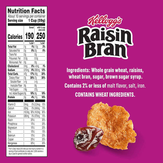 Kellogg's Raisin Bran Family Breakfast Cereal, Sweet Raisin Bowl Kids Love for Lunchbox Mornings