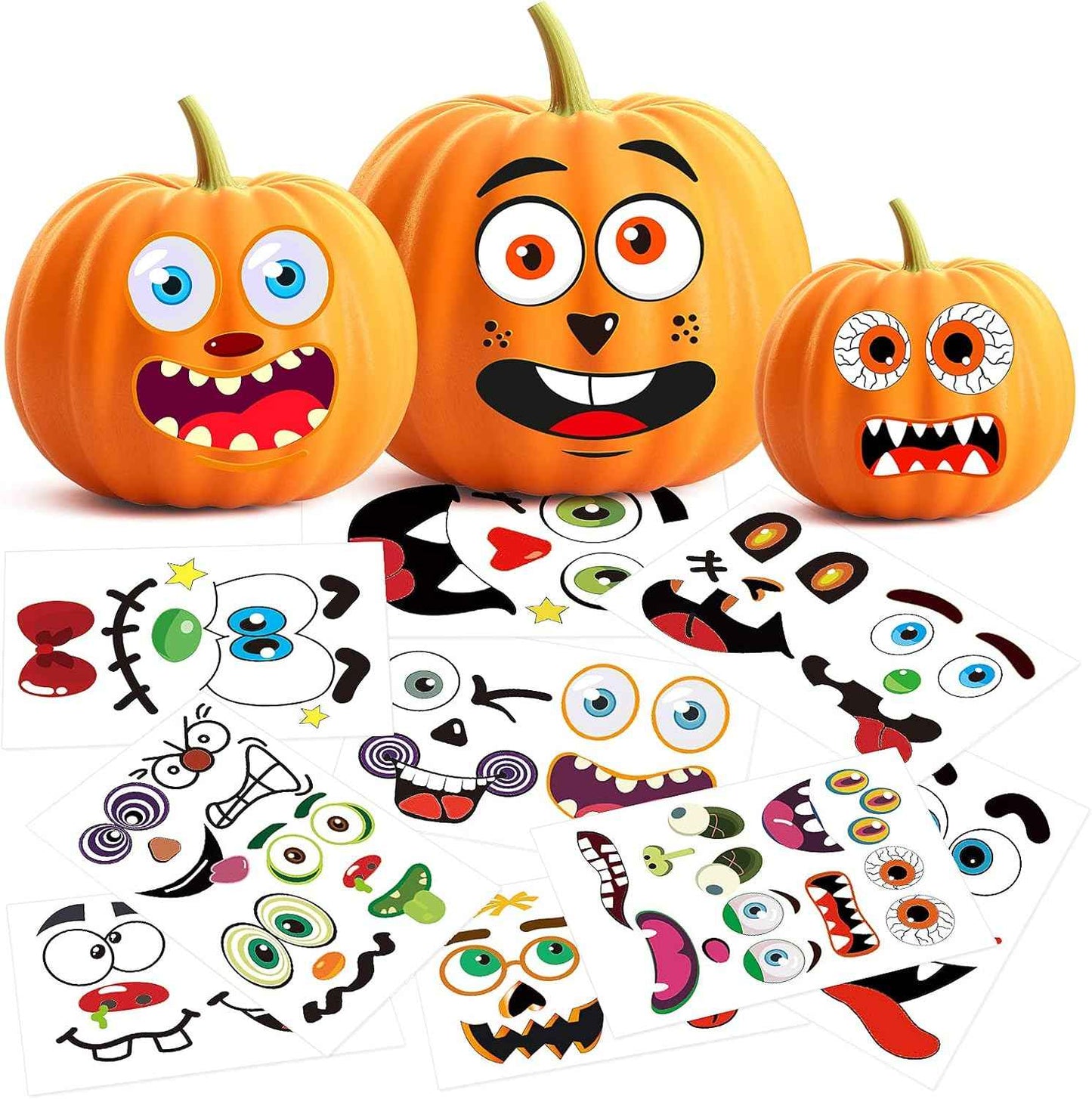 BainGsek 56 Funny Pumpkin Stickers for Kids – No-Knife Decorating Activity for Family Halloween and School Parties