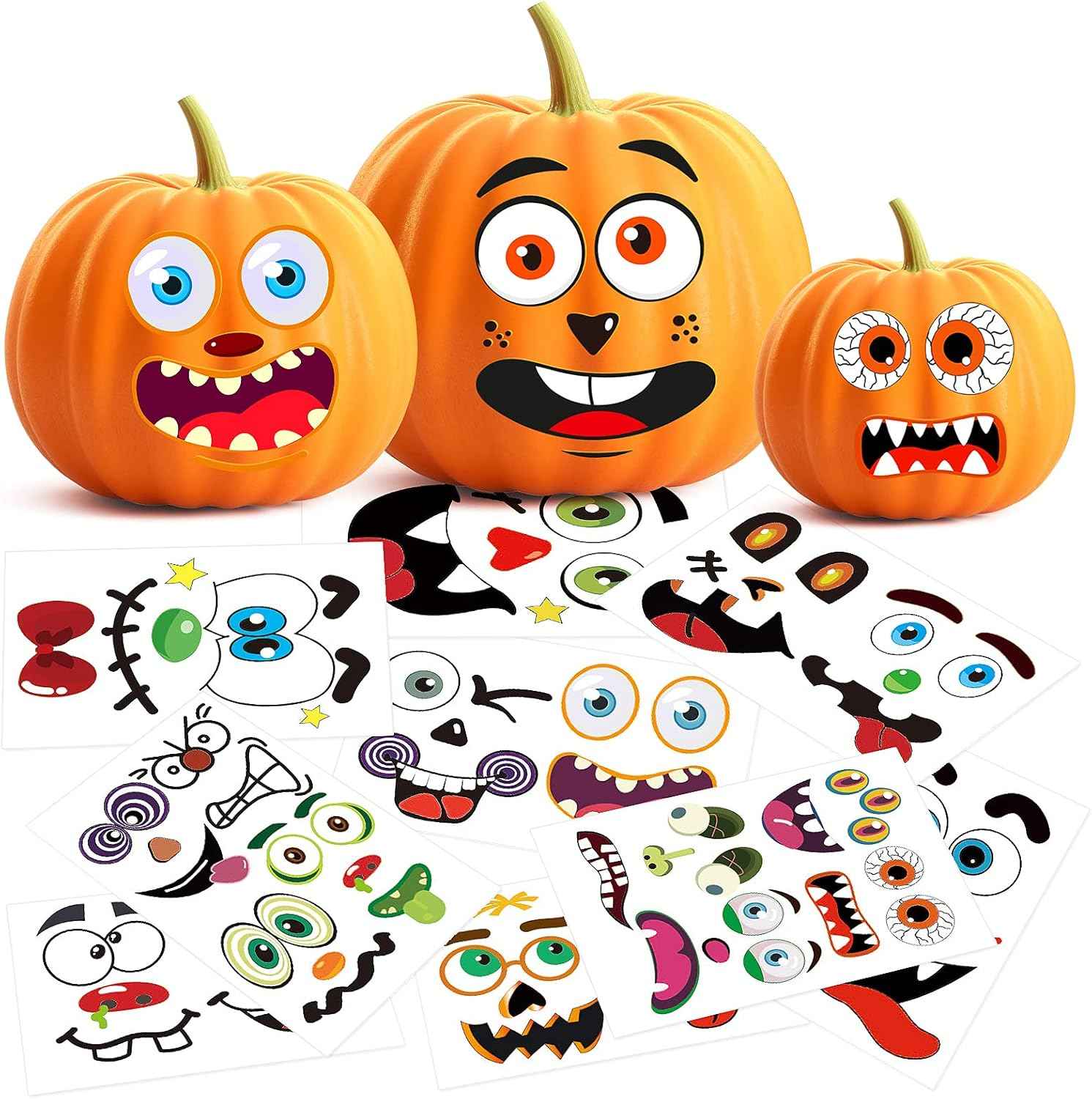 BainGsek 56 Funny Pumpkin Stickers for Kids – No-Knife Decorating Activity for Family Halloween and School Parties