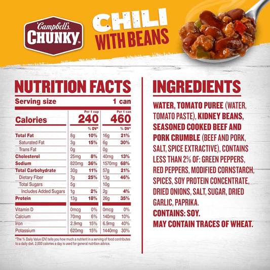 Campbell's Chunky Chili With Beans – Kid-Friendly Mild Chili Over Rice or Mac and Cheese, 16.5 oz Can
