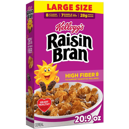 Kellogg's Raisin Bran Family Breakfast Cereal, Sweet Raisin Bowl Kids Love for Lunchbox Mornings