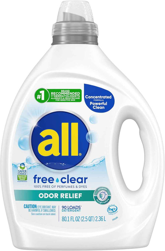 all Laundry Detergent Liquid Free Clear for Sensitive Skin – Eczema-Friendly Wash for Mindful Self-Care Routines, Unscented 90 Loads