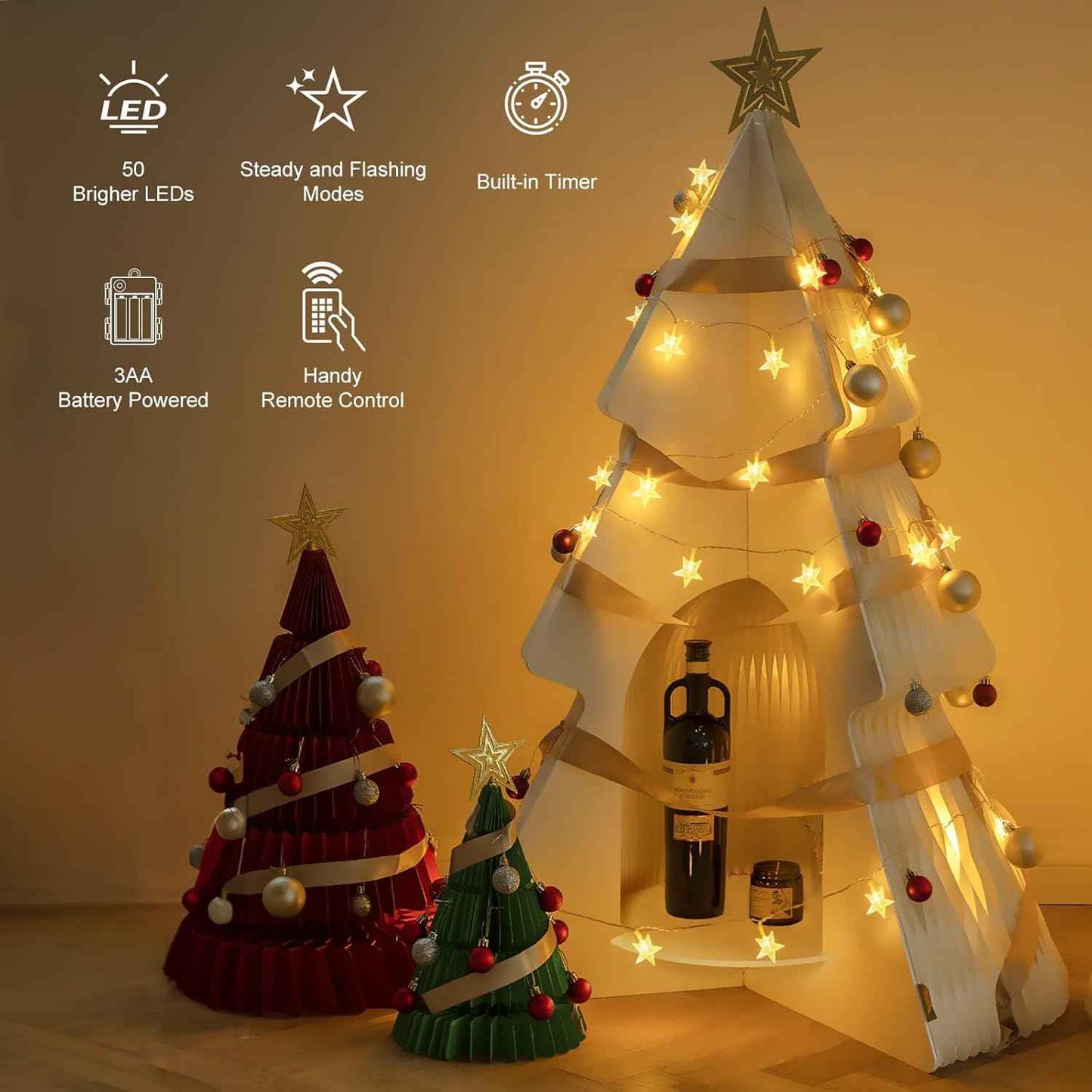Brightown Star String Lights – Flameless Candle Alternative for Bedroom and Nursery, 50 LED Battery Star Lights Cool to the Touch with Timer
