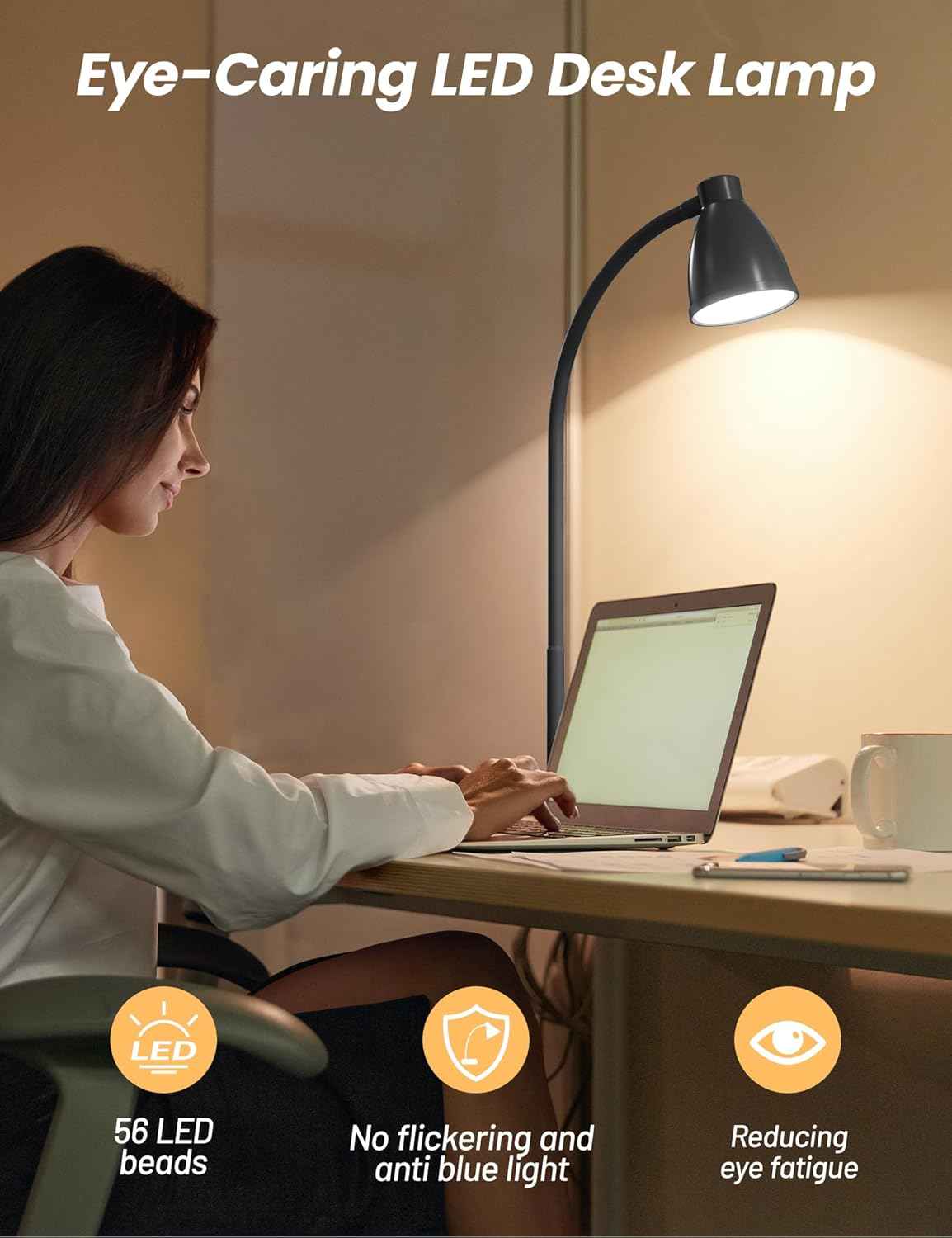 BOHON Dimmable Desk Lamp with USB Port – Eye-Friendly Study Light for Remote Workers and Students
