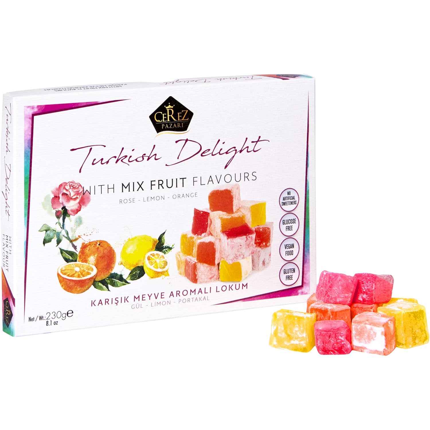 Cerez Pazari Assorted Lokum in Rose, Orange and Lemon – Crafted Confections for Elevated Entertaining, Hand-Cut Vegan Candy
