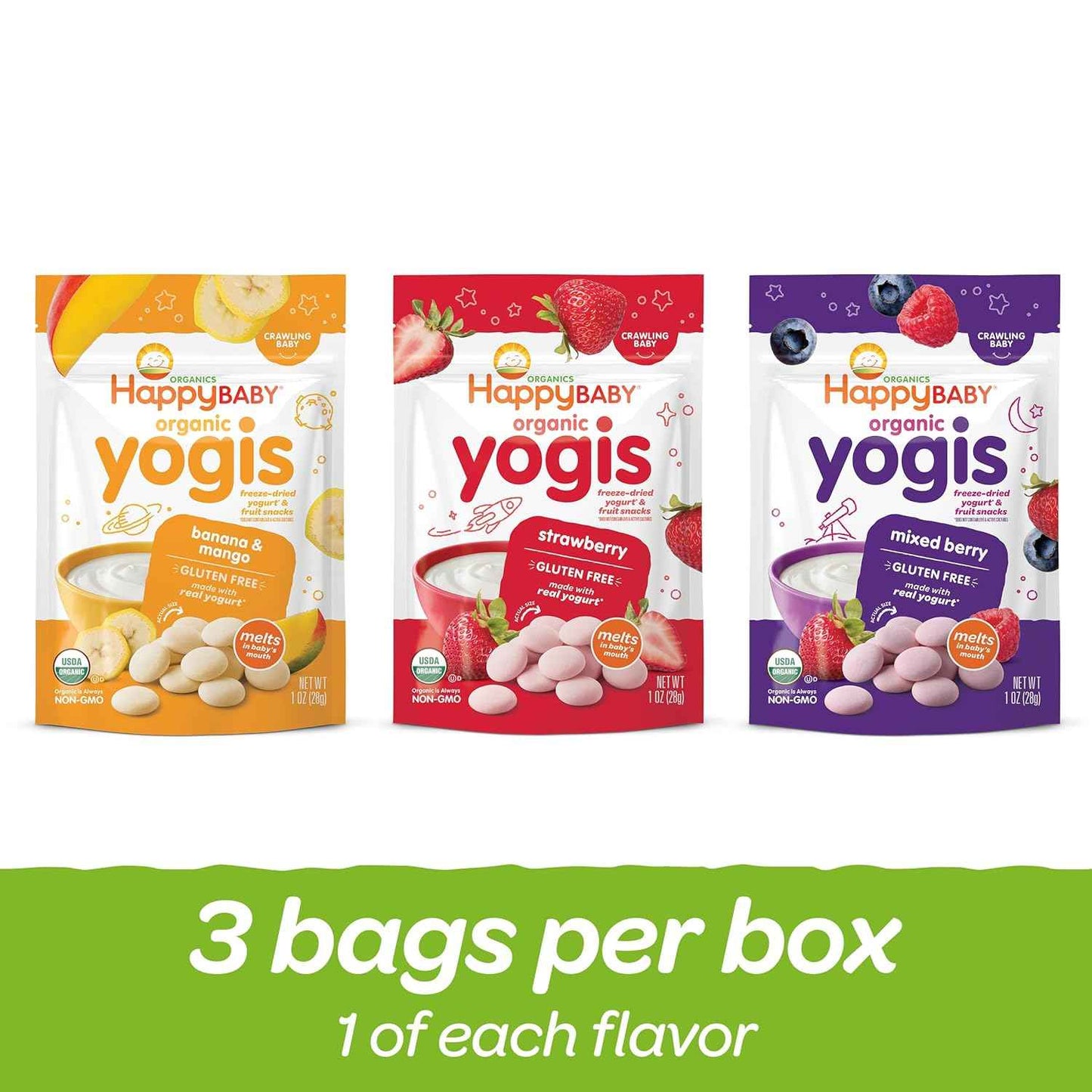 Happy Baby Organics Yogis – USDA Organic Freeze-Dried Yogurt Snack for Clean-Label Families, 1 oz Variety Pack