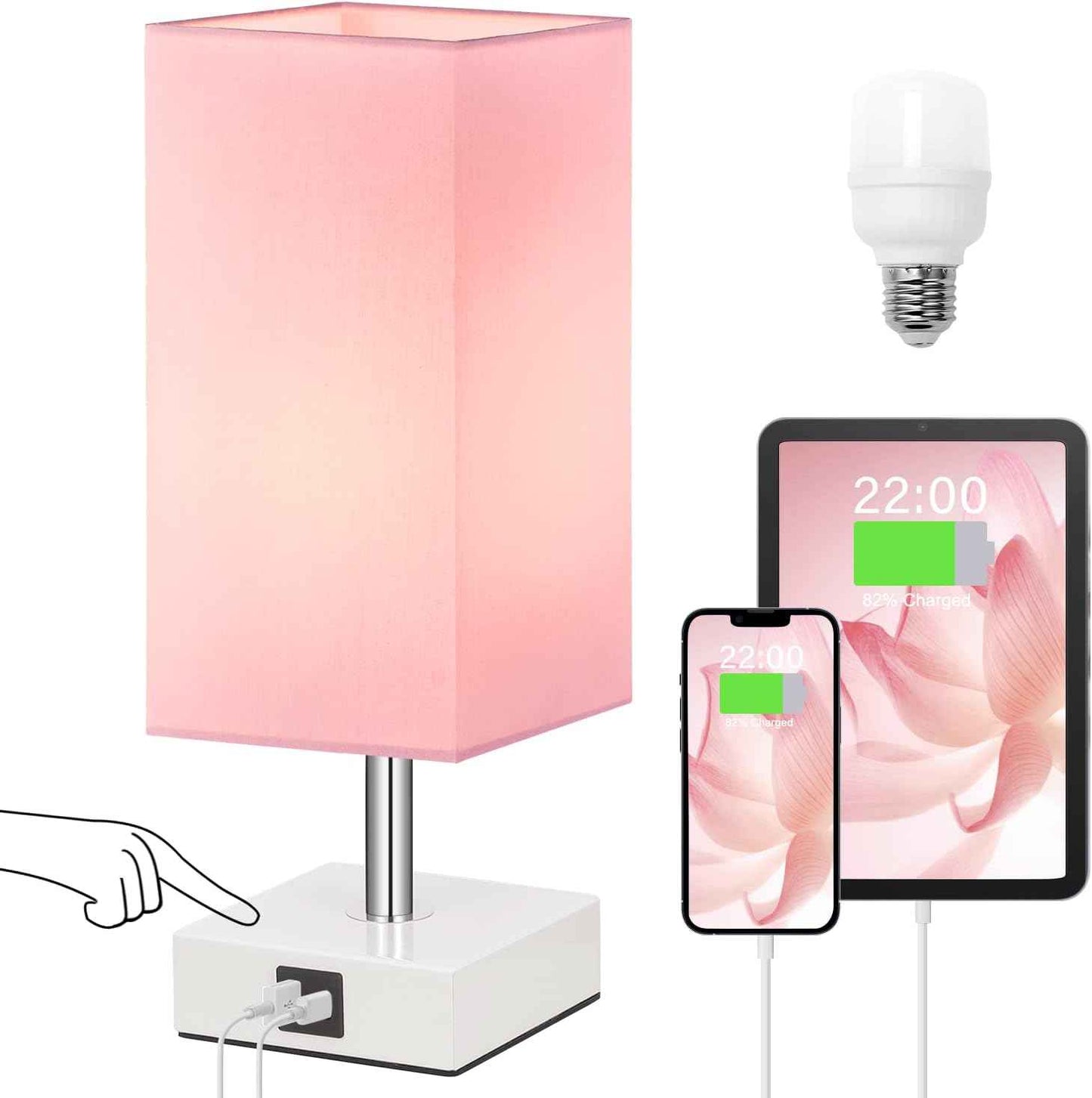 Ambimall Pink Touch Lamp – Cozy Housewarming Gift for Her, Bedside Nightstand Lamp with USB A and USB C Ports