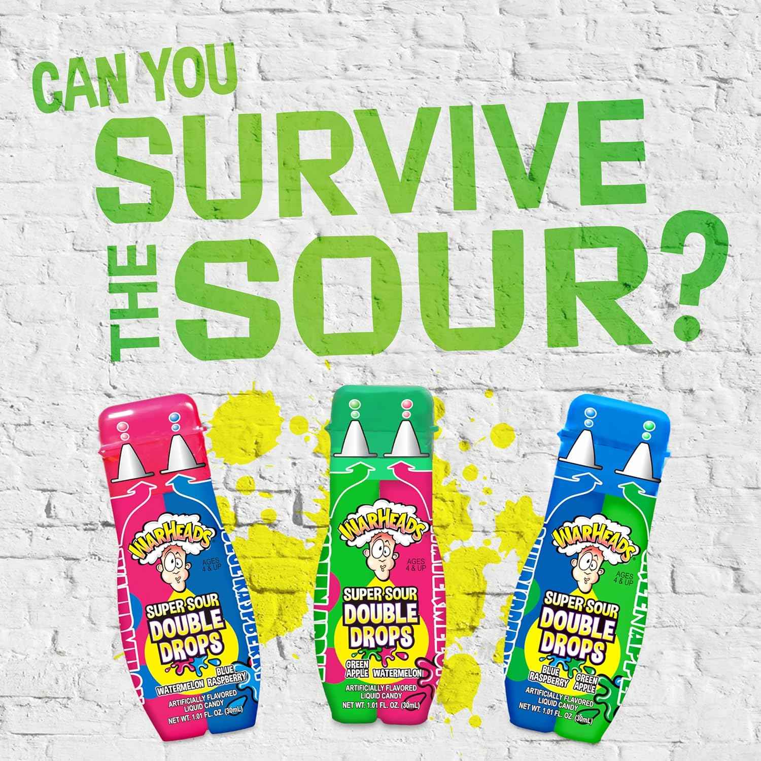 WARHEADS Super Sour Double Drops Liquid Sour Candy – Camping and Hiking Trail Snack with Resealable Squeeze Bottles, Assorted 3 Pack