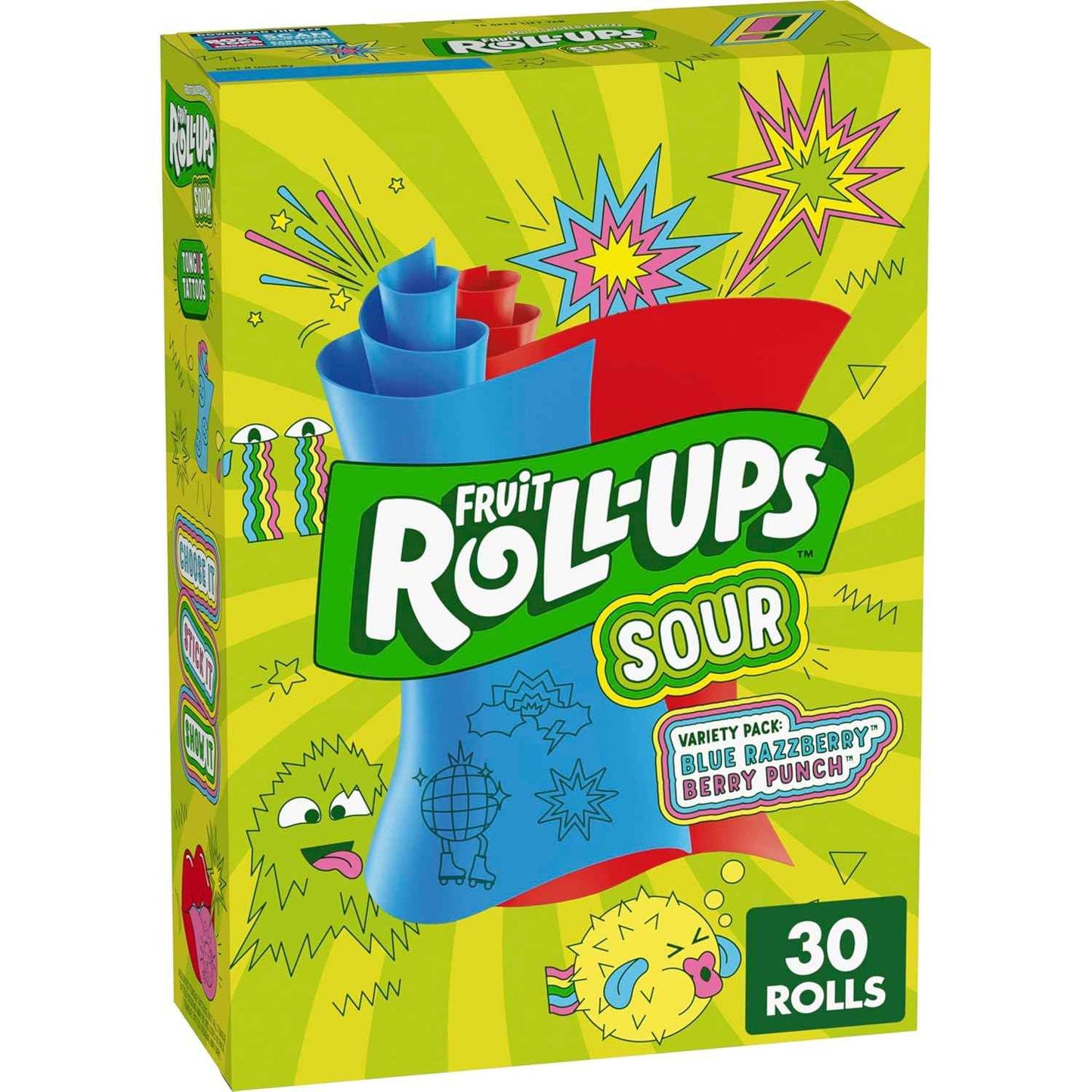 Fruit Roll-Ups Sour Variety Pack – Road Trip Snack for Families, 30-Count Blue Razzberry & Berry Punch