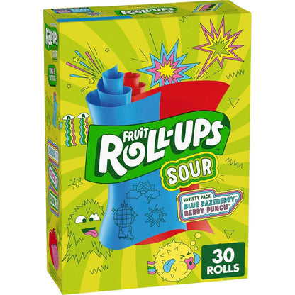 Fruit Roll-Ups Sour Variety Pack – Road Trip Snack for Families, 30-Count Blue Razzberry & Berry Punch